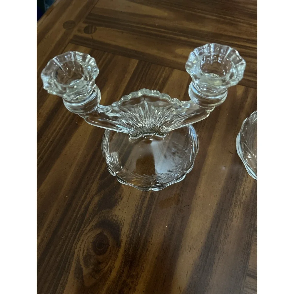 Pair Vintage Jeannette Glass Sunburst Herringbone Taper Candlestick Holder Clear